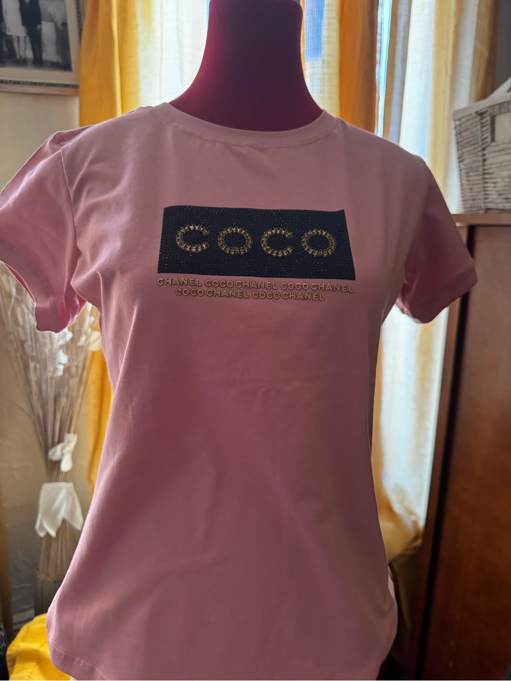 Women’s  Pink Tee with Black Embellished Logo Panel